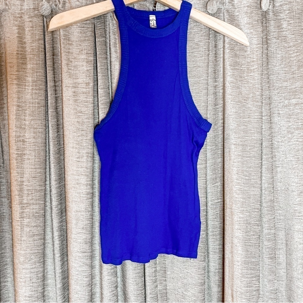 Free People Royal Blue High Neck Ribbed Tank Top Size Small